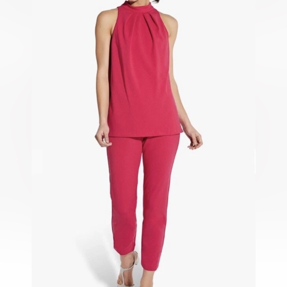 Adrianna Papell Knit Crepe Sleeveless Slim Leg Jumpsuit Fiesta Pink Women’s 8 - Picture 2 of 8